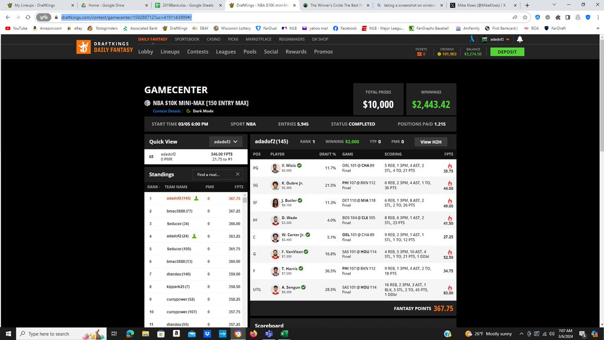 Second takedown in 2 weeks, thanks Sabre Sim <a href="/sabersim/">SaberSim</a>  draftkings.com/contest/gamece…