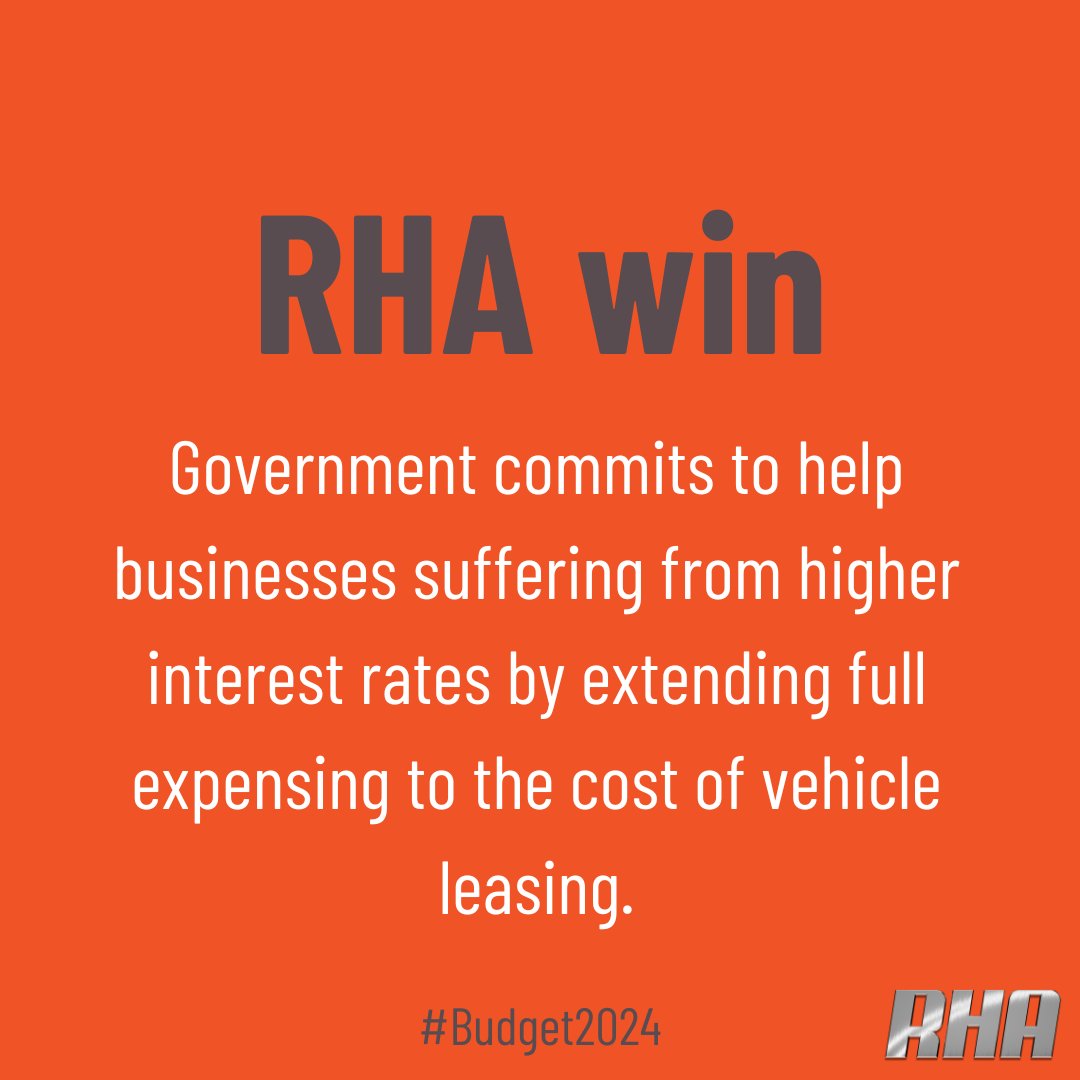 Big campaign win!

Following extensive RHA campaigning we are delighted that the Chancellor has announced that the Government will be introducing draft legislation to extend Full Expensing to the cost of leased goods such as vehicles 🚚 #Budget2024