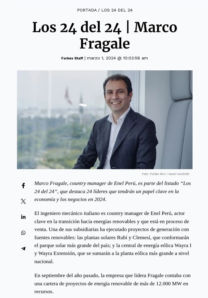 Desde nuestro liderazgo, es necesario no solo pensar en el negocio, sino en cómo esto impacta el bien común. Hoy, me siento muy afortunado de ser parte del listado “Los 24 del 24” de <a href="/ForbesPeru/">Forbes Perú</a> junto a líderes top.

Los invito a revisar la revista aquí: bit.ly/3TkspTw
