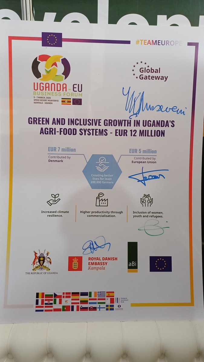 President @KagutaMuseveni, Amb of @EUinUG, @DKAmbUganda, and aBi's George Mutagubya signed the Euro12m Green and Inclusive Growth in Uganda's Agri Food Systems 5-year support grant at the Speke Resort in Munyonyo. This milestone enables us to continue serving the small holder.