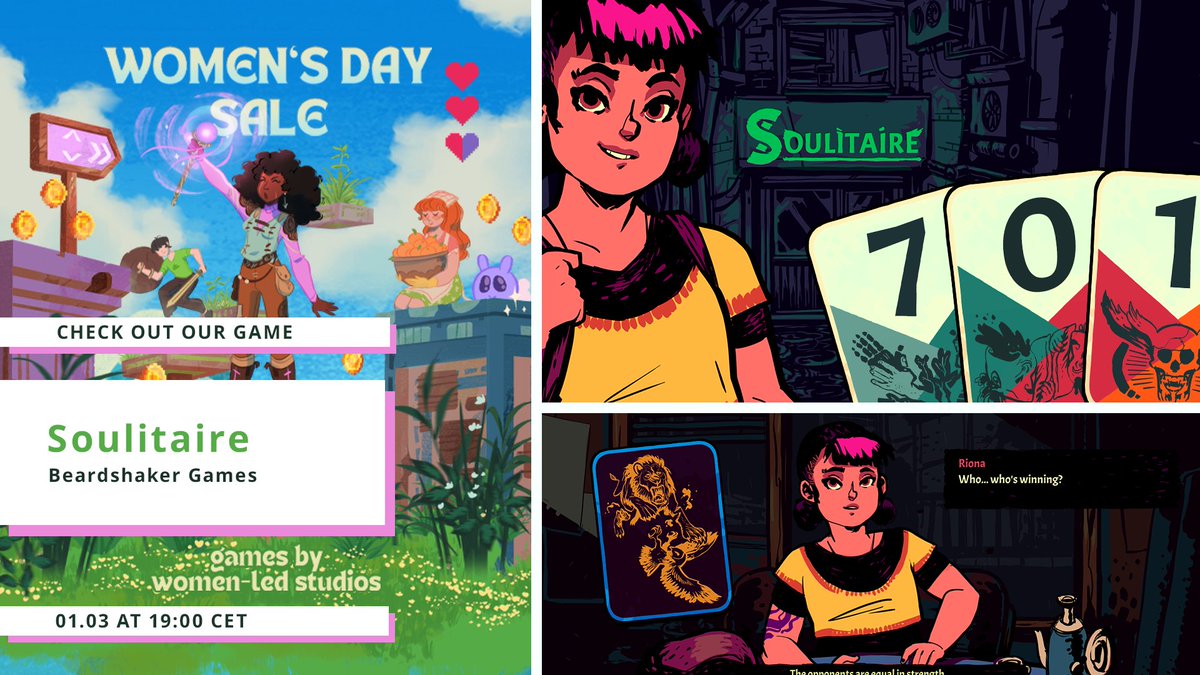 The awesome Woman's Day Sale by <a href="/wingsfundme/">WINGS</a> is still running on <a href="/Steam/">Steam</a> ✨
Our Soulitaire is one of many #cozygames to discover there 💖🔮💖 

#indiegames #indiedev #IndieGameDev
