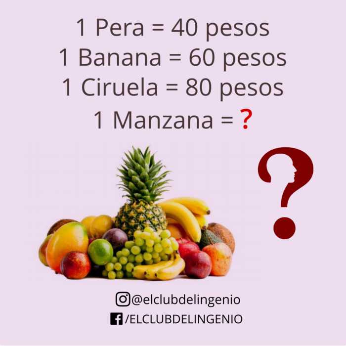 Los precios de las frutas para hacer gimnasia mental. La consigna es razonar y encontrar el precio de la manzana. Comprueba la solución en el siguiente link:
bit.ly/3P4VUWy