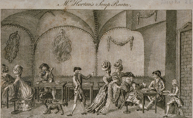 The word restaurant appeared in the 16th century & originally meant any food that restored, often a reviving soup. By 1770 the term applied to establishments serving restorative foods such as Mr Horton's soup room in Cornhill, London offering fashionable dining in French style.