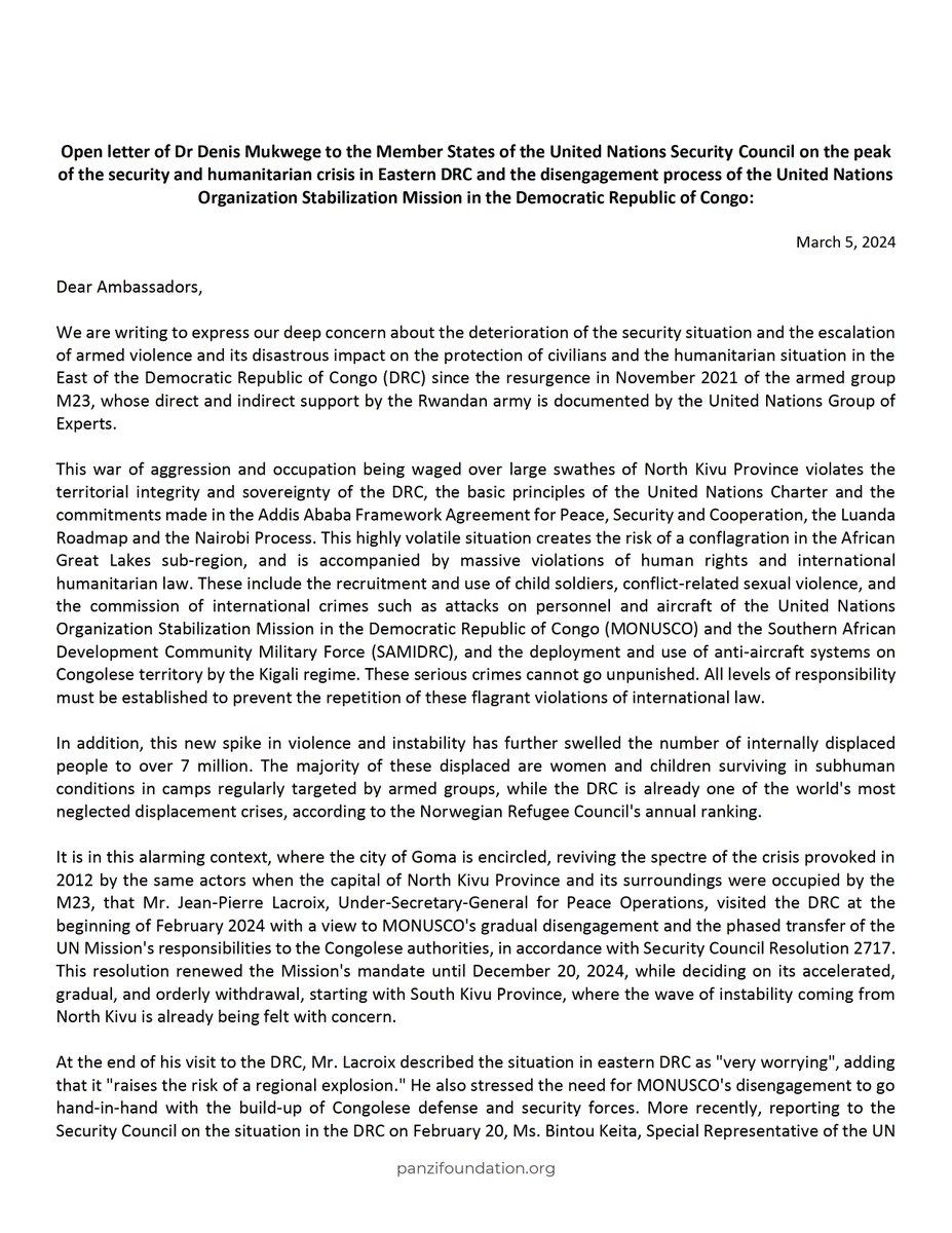 DenisMukwege's tweet image. Open letter of Dr @DenisMukwege to the Member States of the @UN Security Council 🇺🇳on the peak of the security and humanitarian crisis in Eastern #DRC 🇨🇩&amp;amp; the disengagement process of @MONUSCO : 

panzifoundation.org/open-letter-of…

@franceonu
@USUN
@UKUN_NewYork
@ChinaAmbUN
@RussiaUN…