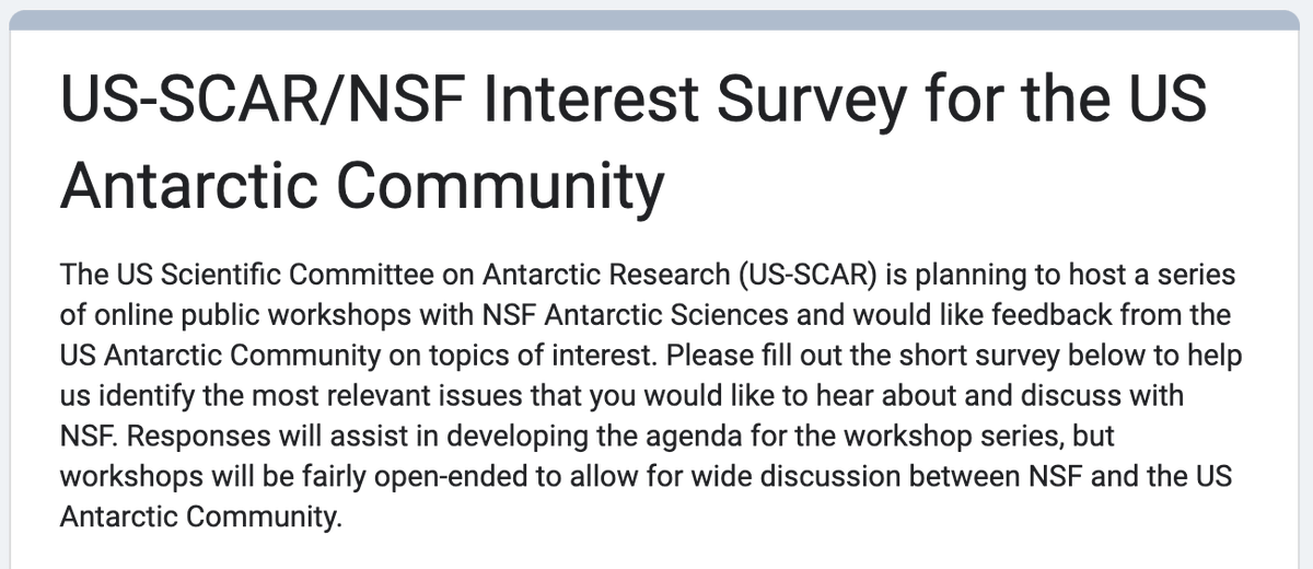 ❄️🚨REMINDER: US-SCAR is planning to host a series of online public workshops with @NSF Antarctic Sciences and would like feedback from the US Antarctic Community on topics of interest. Please respond by March 20, 2024. ➡️docs.google.com/forms/d/e/1FAI… #antarctica #science #earthscience