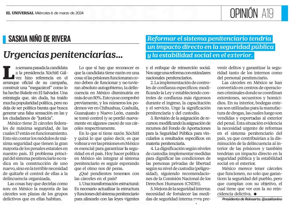 Mega carcel en México no es necesario. Lo que urge es que se le quite el control a la delincuencia organizada de los penales del país. 

“Mega cárceles” tenemos y 17 operando. 

Mi columna de hoy en <a href="/El_Universal_Mx/">El Universal</a>