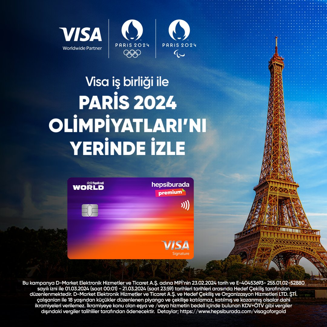 Hepsiburada Premium Worldcard ve Visa iş birliği ile Paris 2024 Olimpiyatları'na gitmek istemez misin🤔 21 Mart'a kadar Premium Worldcard ile yapacağın her 200TL'lik alışverişte bir çekiliş hakkı kazan ve Paris Olimpiyatları'nı yerinde izleme fırsatını yakala!