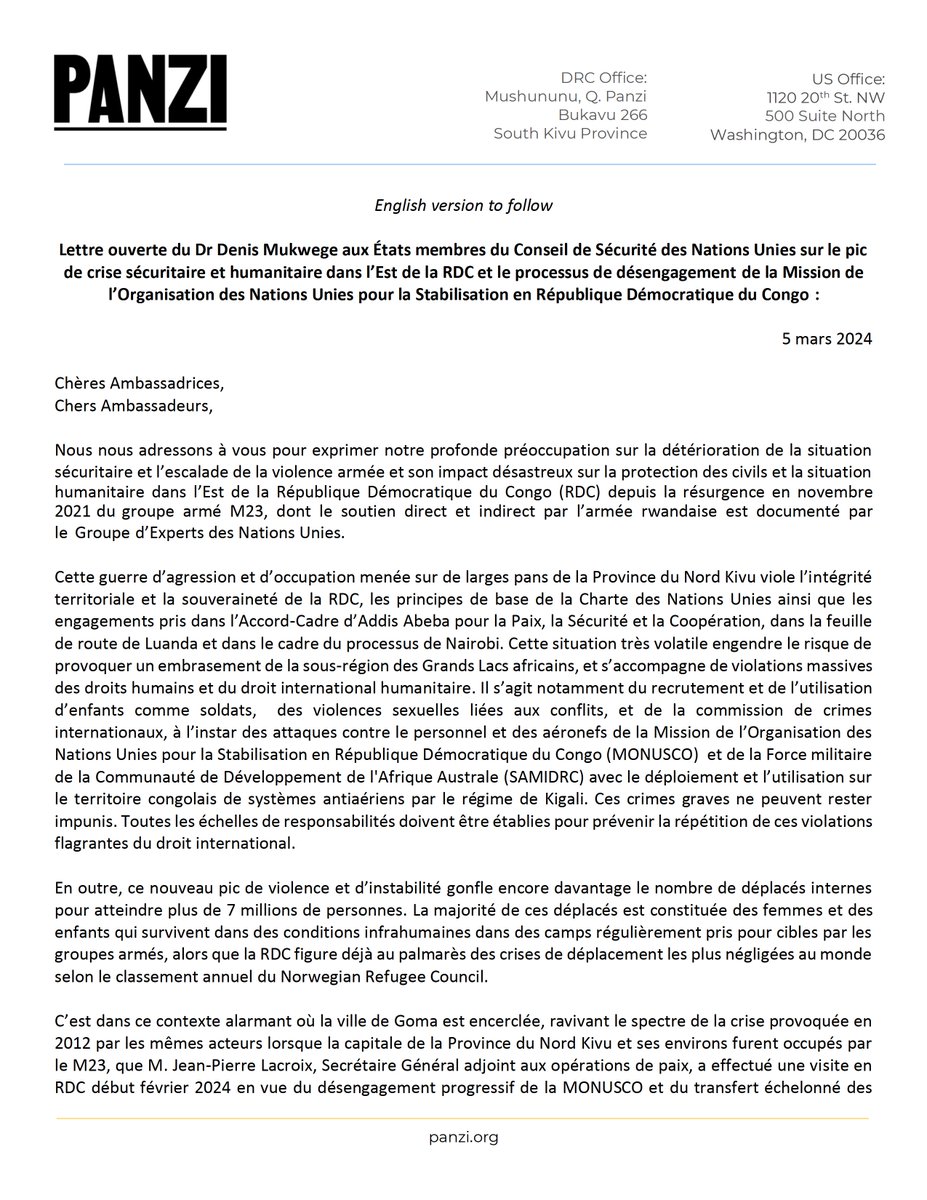 DenisMukwege's tweet image. Lettre ouverte du Dr @DenisMukwege aux États membres du Conseil de Sécurité @UN 🇺🇳 sur le pic de crise sécuritaire et humanitaire dans l’Est de la #RDC 🇨🇩 &amp;amp; le processus de #désengagement de la @MONUSCO :

panzifoundation.org/fr/lettre-ouve…

@franceonu
@USUN
@UKUN_NewYork
@ChinaAmbUN…