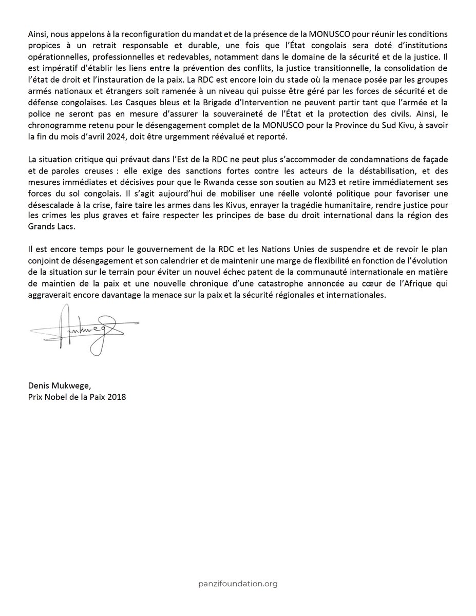 DenisMukwege's tweet image. Lettre ouverte du Dr @DenisMukwege aux États membres du Conseil de Sécurité @UN 🇺🇳 sur le pic de crise sécuritaire et humanitaire dans l’Est de la #RDC 🇨🇩 &amp;amp; le processus de #désengagement de la @MONUSCO :

panzifoundation.org/fr/lettre-ouve…

@franceonu
@USUN
@UKUN_NewYork
@ChinaAmbUN…