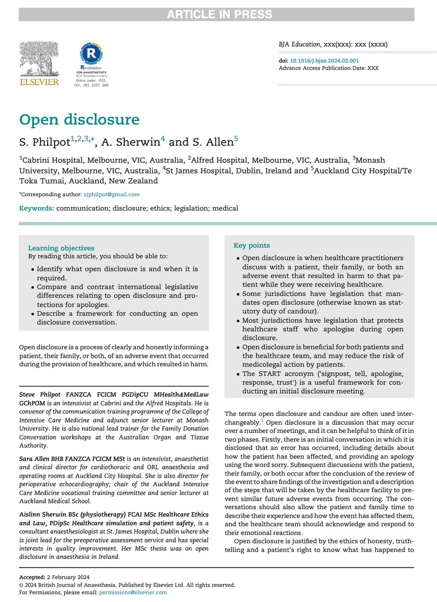 Pádraig Ó Scanaill (@padoscan) on Twitter photo Really great paper by <a href="/IPOMS4/">Irish Perioperative Medicine Society (IPOMS)</a> and <a href="/SJ_ACC/">SJACC</a>'s <a href="/aislinn_sherwin/">Aislinn Sherwin</a> in #BJAEducation on Open Disclosure.
A fantastic read! Well done Aislinn and team
#periopmed
<a href="/BJAJournals/">British Journal of Anaesthesia</a>
@COAIrl <a href="/AnaesTrainees/">Committee of Anaesthesiology Trainees Ireland</a> Really great paper by <a href="/IPOMS4/">Irish Perioperative Medicine Society (IPOMS)</a> and <a href="/SJ_ACC/">SJACC</a>'s <a href="/aislinn_sherwin/">Aislinn Sherwin</a> in #BJAEducation on Open Disclosure.
A fantastic read! Well done Aislinn and team
#periopmed
<a href="/BJAJournals/">British Journal of Anaesthesia</a>
@COAIrl <a href="/AnaesTrainees/">Committee of Anaesthesiology Trainees Ireland</a>