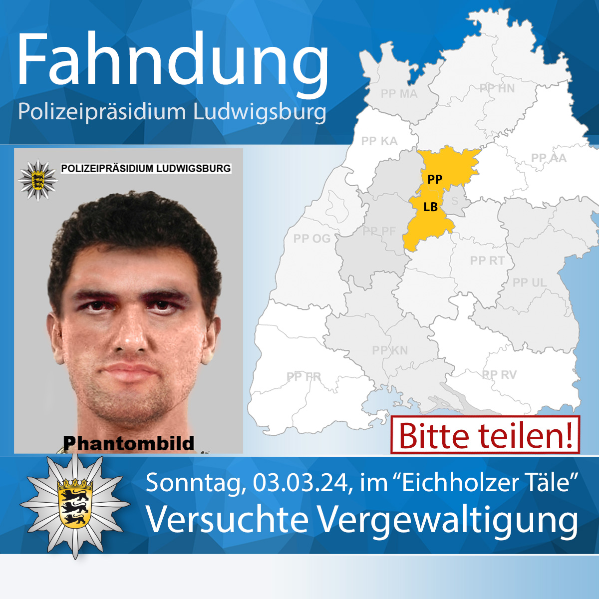 LkaBaWue's tweet photo. #Öffentlichkeitsfahndung nach versuchter Vergewaltigung - BITTE RT ⚠️  Am Sonntag soll ein Unbekannter gegen 20.30 Uhr im "Eichholzer Täle" bei #Sindelfingen #Hinterweil eine 24-Jährige angegriffen haben. 

Zur Fahndung ▶️ https://t.co/mUjLC0e5qd

Euer #LKABW #BereitfürSicherheit https://t.co/WO6Ys74xGA