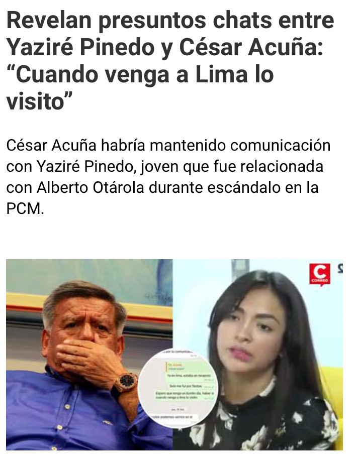 felipeestevesvg's tweet photo. YAZIRÉ: UNA BOMBA POLÍTICA? Yaziré Pinedo, quien está enredada en escándalo político y provocó renuncia de PCM Alberto Otárola,habría mantenido conversaciones por WhatsApp con gobernador regional de La Libertad, César Acuña.Las ondas expansivas podrían alcanzar a otros políticos. https://t.co/eCtHjCG6LD