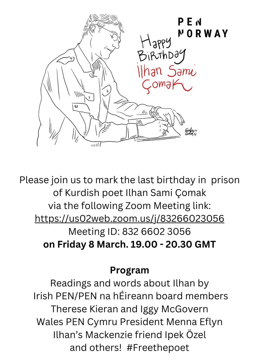 Join us for a special online birthday celebration of poet Ilhan Sami Çomak's work @libranwriter @DunneCatherine @ThereseKieran @VivianaFiorenti @mcmanusliz @maria_mcmanus @nphegarty @JlodJohn @Elliot_Laura @ShaunaGilligan1 @padraighanratty @DonaldsonMoyra