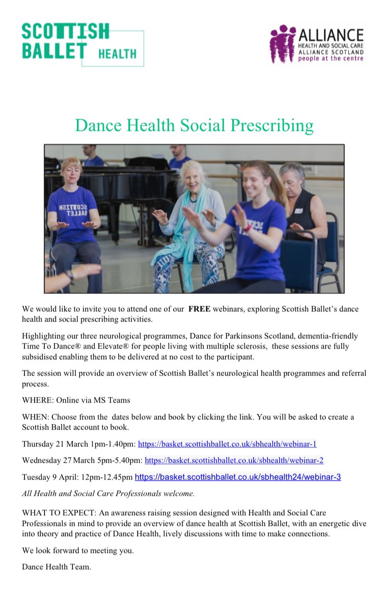 @scottishballet are hosting 3 free online webinars over the next few weeks to raise awareness of their neurological dance health classes. Details of how to attend are below #socialprescribing #scottishballethealth