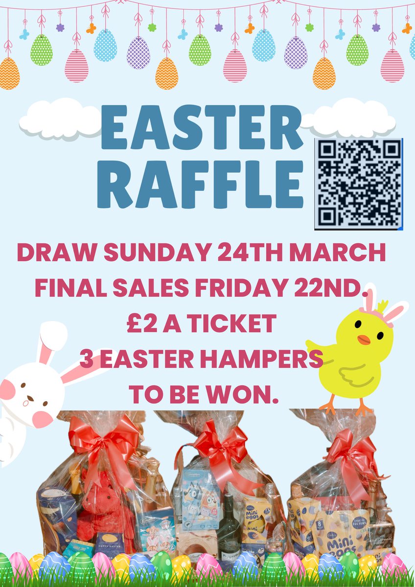 We are selling tickets for £2 each.
We have three large hampers that would go down a treat at Easter, if you would like to help us on our way and be in with a chance of winning please follow these
forms.office.com/e/aj6C7L7RYs?o…