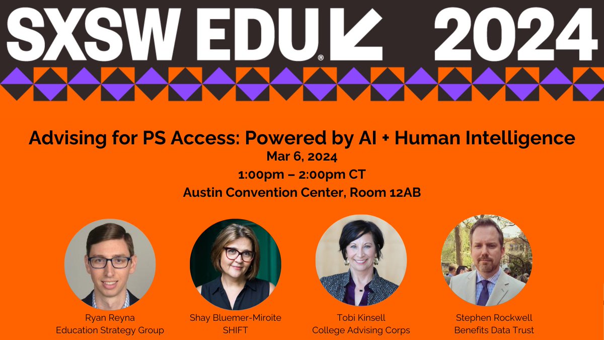 Excited for this @SXSWEDU panel today with BDT's @stephenrockwell! The group will discuss how digital tools powered by #AI can help students navigate post-secondary options & make informed decisions. @edstrategygroup @ShiftResults @AdvisingCorps #SXSW24