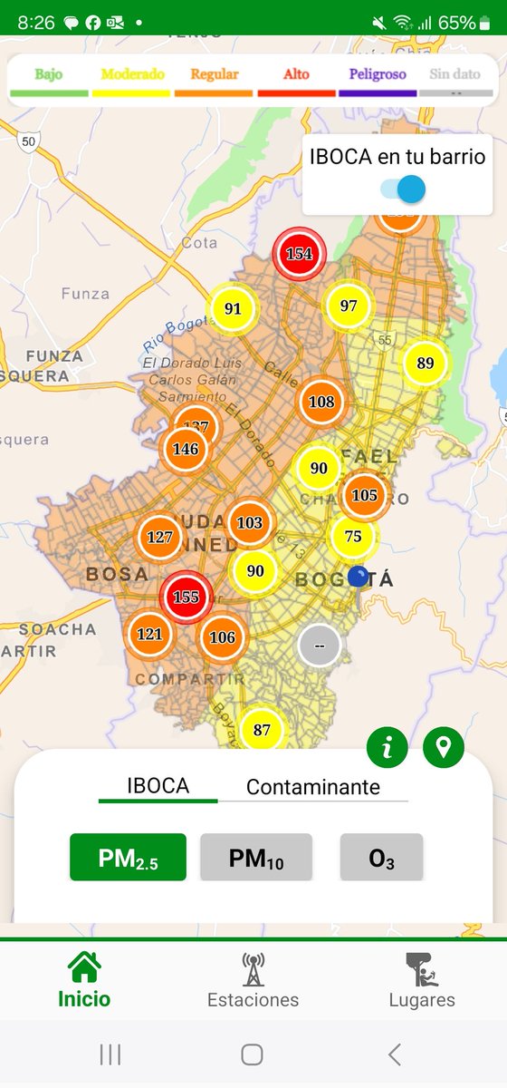Muy mala calidad del aire a esta hora en Bogotá, poblacion de mayor riesgo niños menores de 5 años, gestantes, mayores de 65 años, personas con enfermedades de base. No recomendable actividad física fuerte o prolongada por ejemplo salir a trotar. <a href="/SectorSalud/">Secretaría Distrital de Salud</a> <a href="/Ambientebogota/">Secretaría de Ambiente</a>
