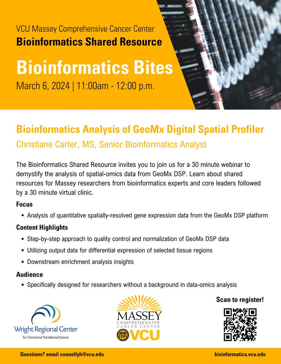 Join us TODAY with VCU Massey Comprehensive Cancer Centers' Bioinformatics Shared Resource. Christiane Carter, M.S., will be presenting at today's Bioinformatics Bites webinar at 11 a.m. Register: bit.ly/49SOwpz