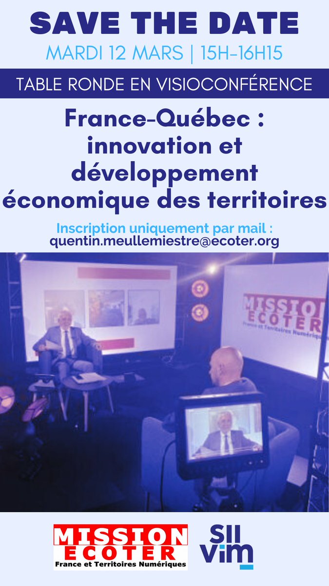 𝗦𝗔𝗩𝗘 𝗧𝗛𝗘 𝗗𝗔𝗧𝗘 | Table ronde | Mardi 12 mars | 15h à 16h15
🔴 #𝗟𝗶𝘃𝗲 / #𝗩𝗶𝘀𝗶𝗼𝗰𝗼𝗻𝗳𝗲́𝗿𝗲𝗻𝗰𝗲 : « France-Québec : innovation et développement économique des territoires »
👉 Renseignements et inscription swll.to/TableRonde
