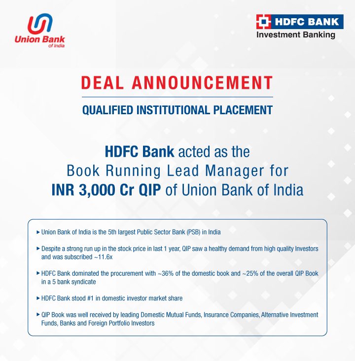 HDFC Bank successfully completed Union Bank of India's INR 3,000 Cr QIP.   Deal Team - Mitul Shah, Jagat Dave, Ashwani Tandon, Hiren Raipancholia, Dhruv Bhavsar, Anmol Bhise, Harsh Salecha and Sanjay Chudasama Read more below: #HDFCBank #UnionBankofIndia #CapitalMarkets…