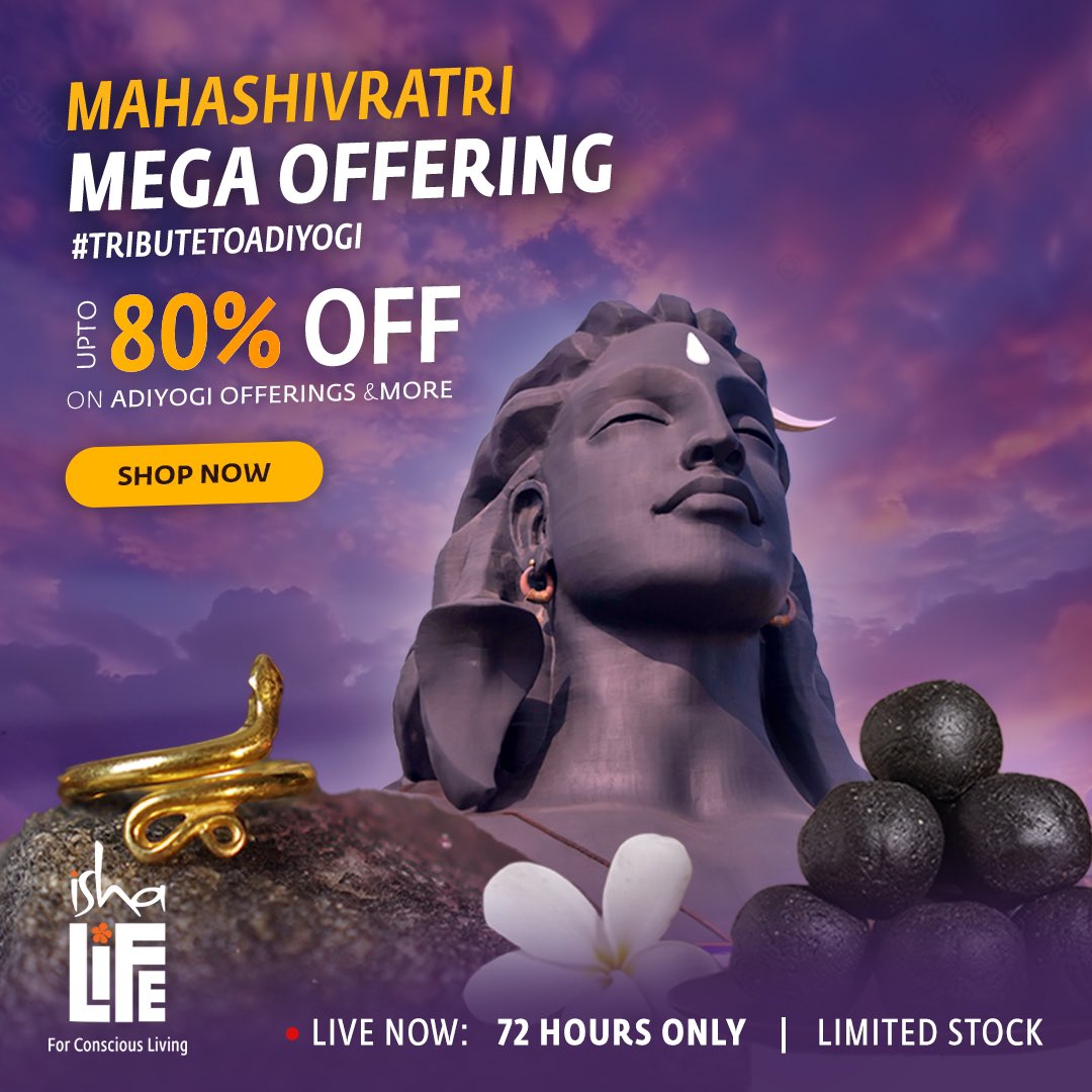 For the first time ever as a tribute to Adiyogi, Isha Life brings to you - Mahashivratri Mega Offering

Upto 80% Off on Adiyogi Offerings & more

Offer Live - 72 hours only 
*Limited Stock*

Shop Now 

#isha #sadhguru #ishafoundation #Mahashivratri #mahashivratri2024
#ishalife