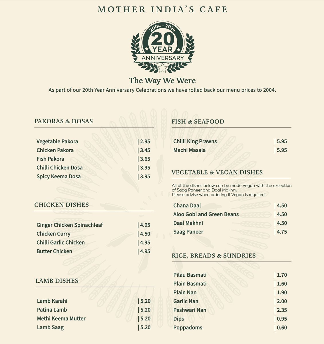 Celebrate Mother India Cafe 20th Anniversary on St Patrick's Day, 17 March and enjoy 2004 prices FOR ONE DAY ONLY. Mother India’s Cafe, 1355 Argyle St, Glasgow G3 8AD  Walk ins only. <a href="/Official_MIndia/">Mother India</a>