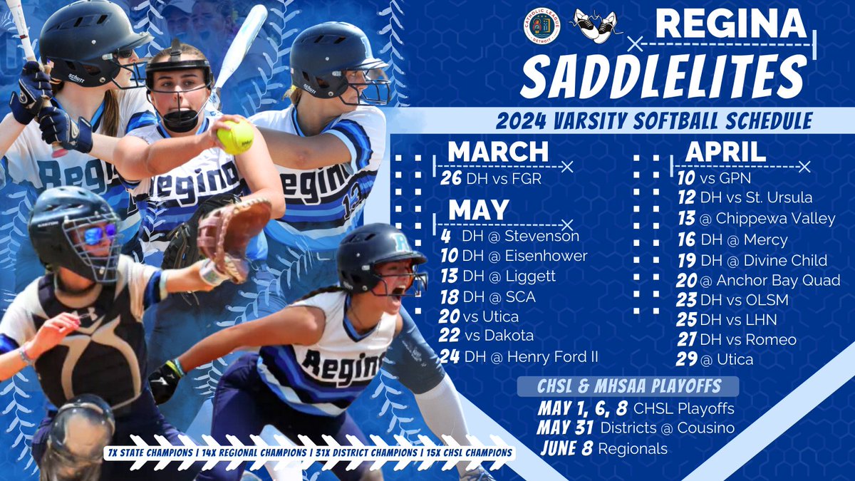 🥎REGINA SOFTBALL - 2024 VARSITY SCHEDULE🥎

Check out our athletic website for full game details as well as the JV schedule. Results and highlights will be uploaded to the site throughout the season as well.

Go Saddlelites!
#saddleup 

**schedule is as of 3/6/24**