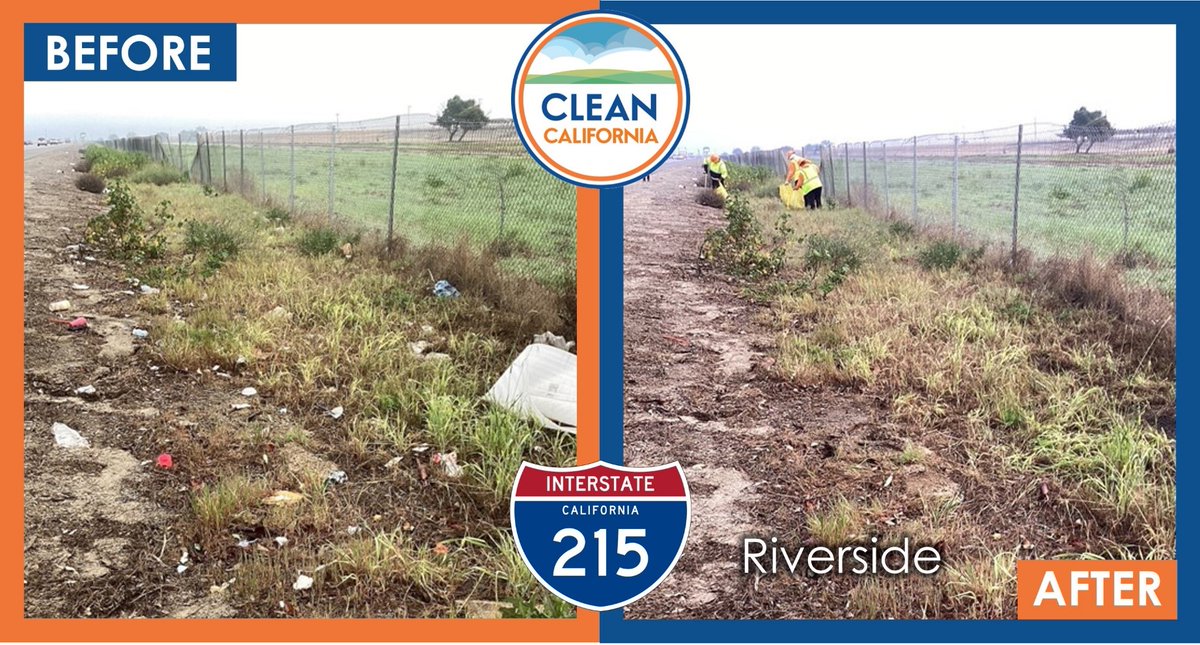 Caltrans8's tweet photo. Studies show if each of us picked up 152 pieces of trash, there would be no litter left. Even better is to not litter in the first place. Then there would be fewer stretches like this one along I-215 in Riverside for Caltrans to clean up. 🚮 #CleanCA @CAgovernor @CA_Trans_Agency https://t.co/Yszqopp0Et