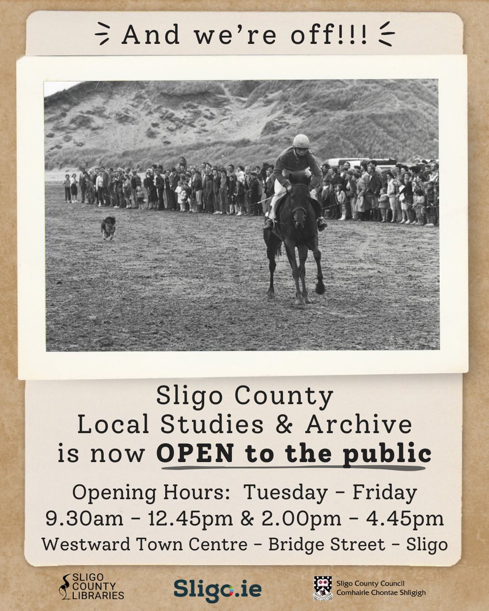 Sligo County Local Studies & Archive is now OPEN to the public! Opening Hours: 9.30am - 12.45pm & 2.00pm - 4.45pm Westward Town Centre, Bridge Street, Sligo For more info about our Local Studies & Archive visit: sligolibrary.ie/local-studies-… @sligococo @Sligo