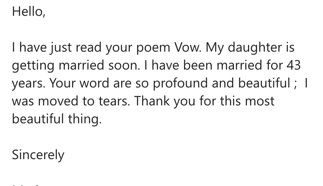 I received this yesterday. It made me happy. If a writer's work has touched you, let them know. It means so much. #amwriting #poetry #poetrycommunity
