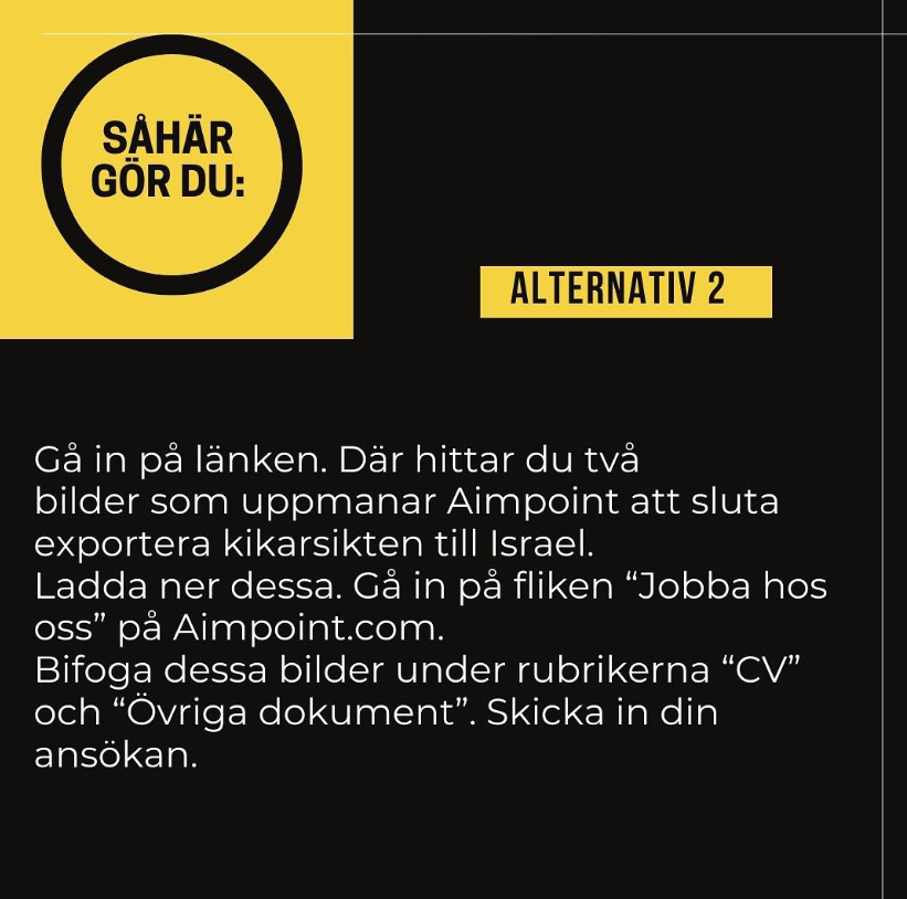 HEMLÄXA FÖR PALESTINA!
Det ska vara jobbigt att tjäna pengar på folkmord.
Aimpoint säljer sikten till israeliska bosättare. Sök jobben på Aimpoint för att störa deras ansökningsprocess.
Hjälp oss att sätta press på genom att följa instruktionerna!

Länken:
drive.google.com/drive/u/3/fold…
