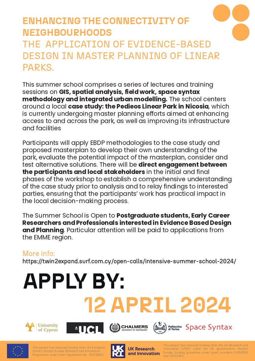 Our 1st #SummerSchool in #Nicosia 19/06-03/07!

More info at: twin2expand.surf.com.cy/open-calls/int…

#Twin2Expand #HorizonEurope #UKRI #UrbanDesign #EvidenceBasedDesign #UrbanPlanning #SpaceSyntax #Masterplanning #LinearParks