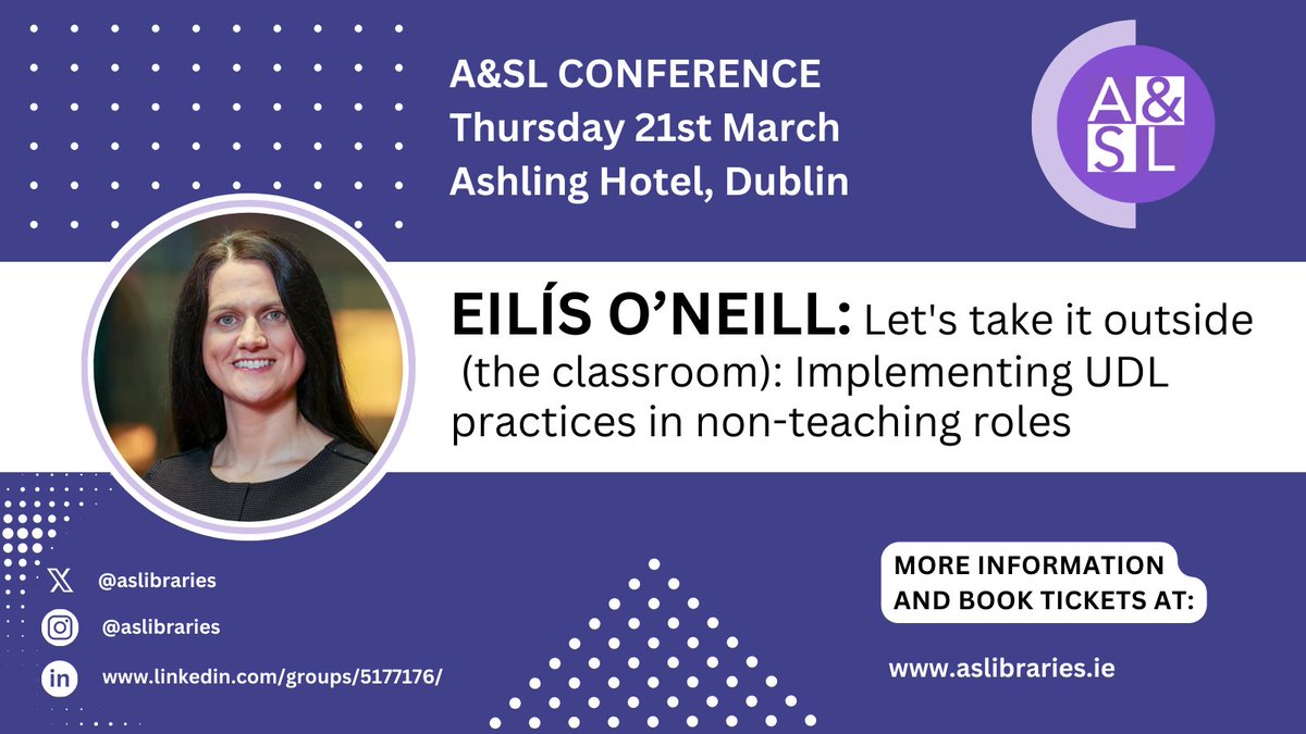 We can't wait to hear @mise_eilis's #ASL2024 talk about how libraries can ensure their resources offer flexibility, accessibility, voice and choice to all. Book your ticket now and join us on 21 March for THE library event of the season! More info at aslibraries.ie