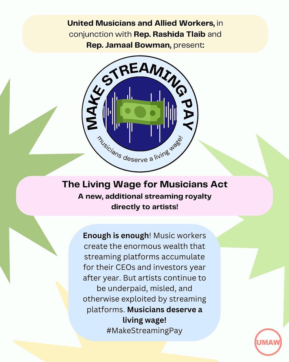 United Musicians and Allied Workers (@umaw_) on Twitter photo UMAW is thrilled to share what we’ve been working on for the last few years: The Living Wage for Musicians Act, with co-lead sponsors <a href="/RepRashida/">Congresswoman Rashida Tlaib</a> and <a href="/JamaalBowmanNY/">Jamaal Bowman Ed.D.</a> 💪
weareumaw.org/make-streaming… UMAW is thrilled to share what we’ve been working on for the last few years: The Living Wage for Musicians Act, with co-lead sponsors <a href="/RepRashida/">Congresswoman Rashida Tlaib</a> and <a href="/JamaalBowmanNY/">Jamaal Bowman Ed.D.</a> 💪
weareumaw.org/make-streaming…