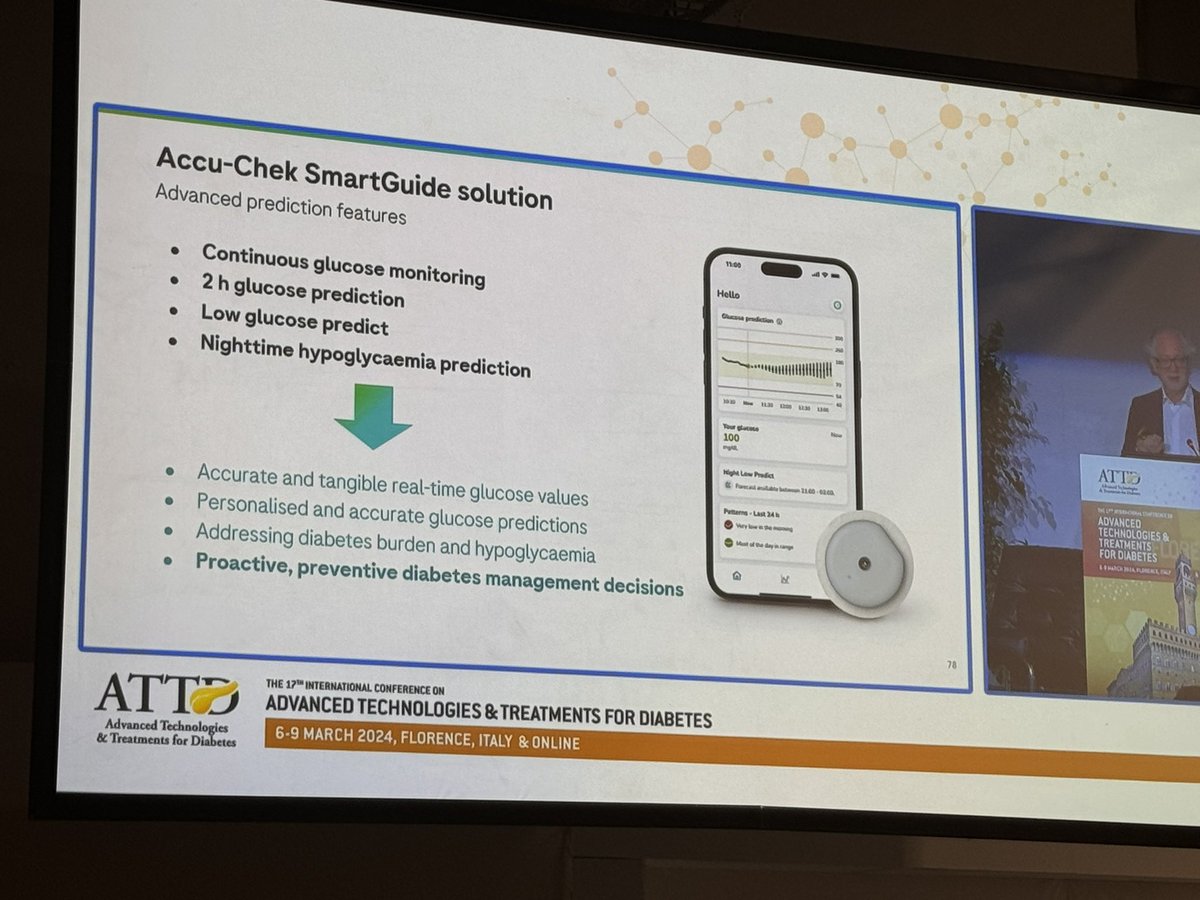 #Accuchek #SmartGuide CGM was just announced with: 1) a traditional CGM app, AND 2) the Smartguide Predict app #ATTD2024 #t1d - 14 day wear - MARD 9.2% - Apple Watch connectivity - 2 hr glucose prediction curve - 30 min low prediction - Night low prediction
