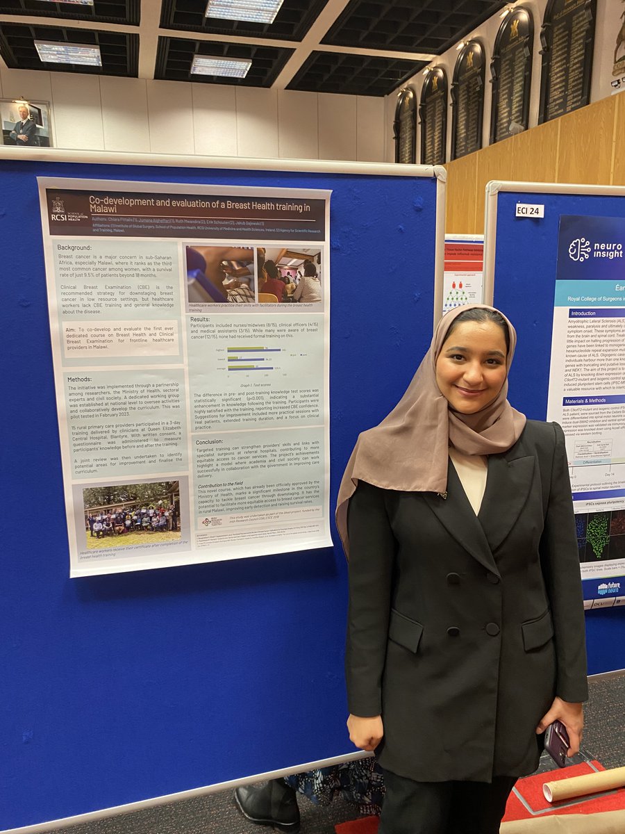 At #RCSIResearchDay @Jumana_raied is showcasing a poster on 'Co-development and evaluation of a Breast Health training in Malawi' #AKAZI Well done to all involved!! #globalsurgery @RCSI_Irl