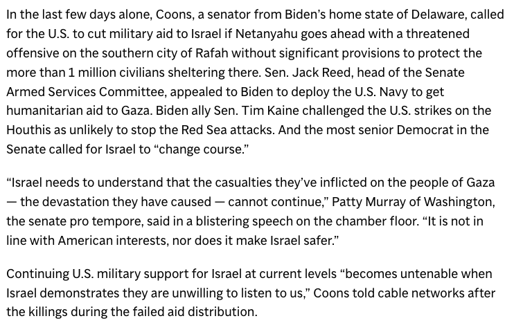 Even mainstream Democrats are calling on the US to put more pressure on Israel to stop the carnage in Gaza. Time to stop arms transfers, condition future military aid, demand 5x more aid trucks into Gaza, and lay out consequences for a Rafah invasion. apnews.com/article/israel…