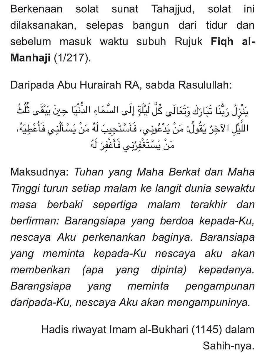 tattyhassan's tweet photo. Korang, kalau korang terbangun pukul around 3am tu, try lah tahajjud k. 

Time ni doa lah seiklas hati, insyallah dimakbulkan &amp; urusan dipermudahkan. I’ve tried it for a few weeks now, alhamdulillah nampak ada yang dimakbulkan &amp; rasa tenang je pagi-pagi. https://t.co/sLh7vzB730