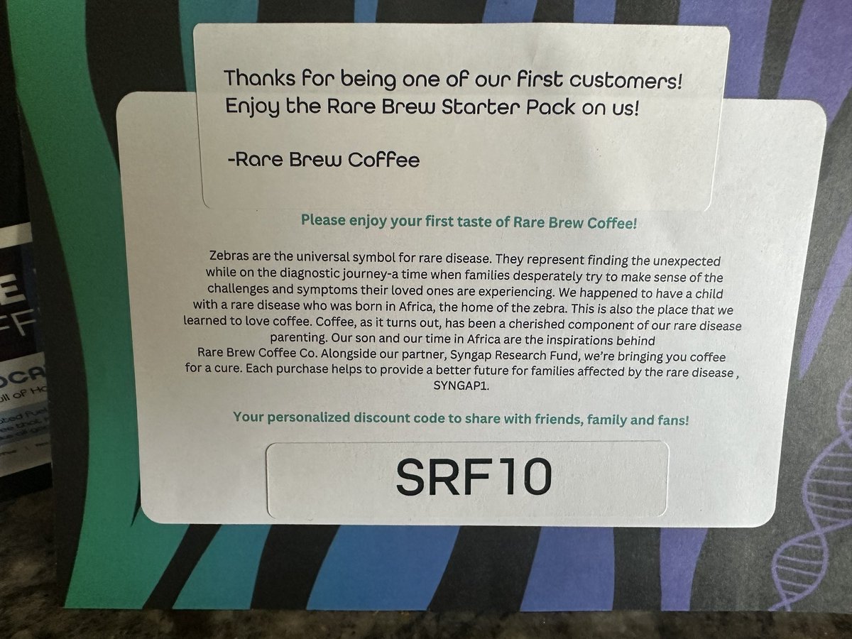 Our friends started a coffee company! I am going into my day with my first <a href="/RareBrewCoffee/">Rare Brew Coffee</a> . Excellent! Use the code SRF10 for 10% discount and support <a href="/cureSYNGAP1/">CURE SYNGAP1 aka SynGAP Research Fund 501(C)(3)</a> while drinking very smooth and fresh coffee!