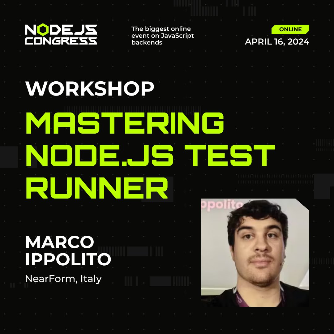 🖥The @nodejs test runner is modern, fast & doesn't require additional libraries, but it can be tricky. Let's learn how to use it to the full potential at the workshop by Marco Ippolito, Senior DX engineer @nearform. Included in the conf ticket price😎 nodecongress.com