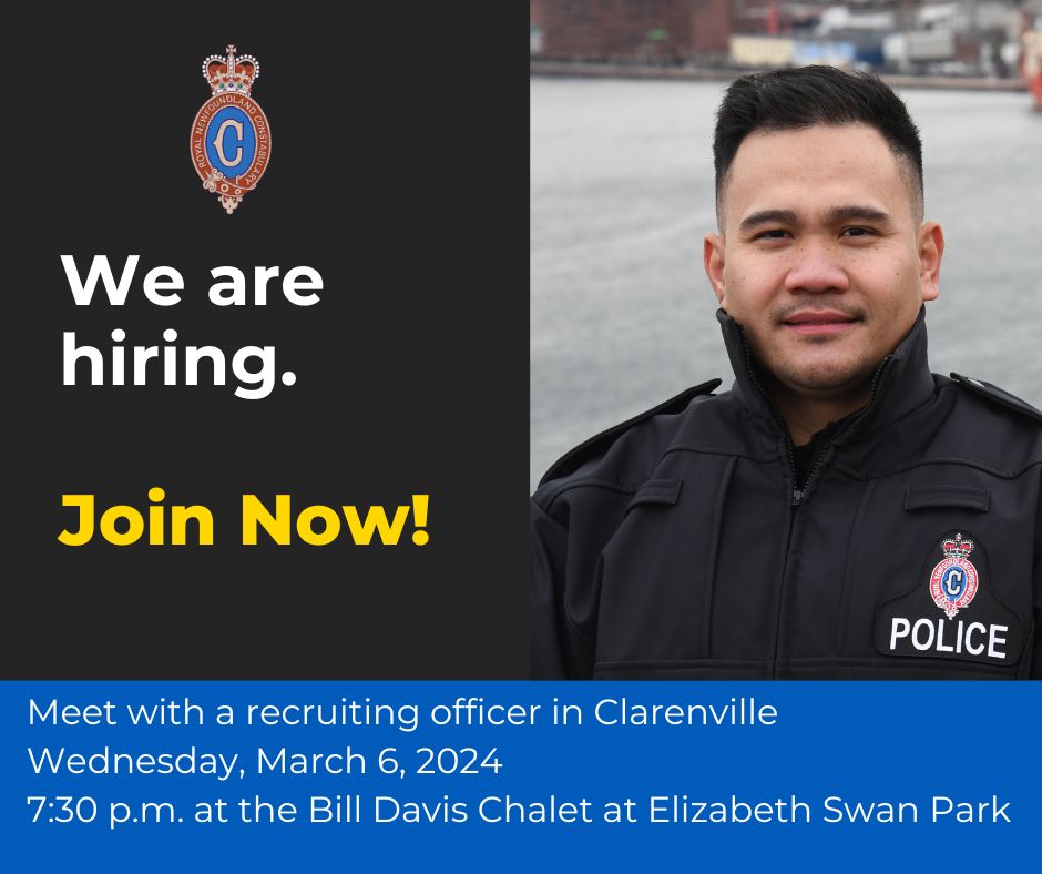 TONIGHT! (March 6)

Members of our Recruiting Outreach Team are in Clarenville for an information session at Elizabeth Swan Park at 7:30 p.m. 

Learn more about the RNC qualification and screening process. Apply today at rnc.gov.nl.ca/join