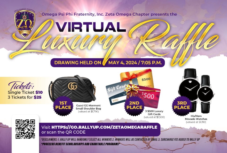 Go.rallyup.com/zetaomegaraffle

Greetings, the Brothers of the Great Zeta Omega is having a Luxury Raffle. We are asking that you please support this fundraising effort. We also ask that you share this link with your friends and organization members that you are affiliated with.