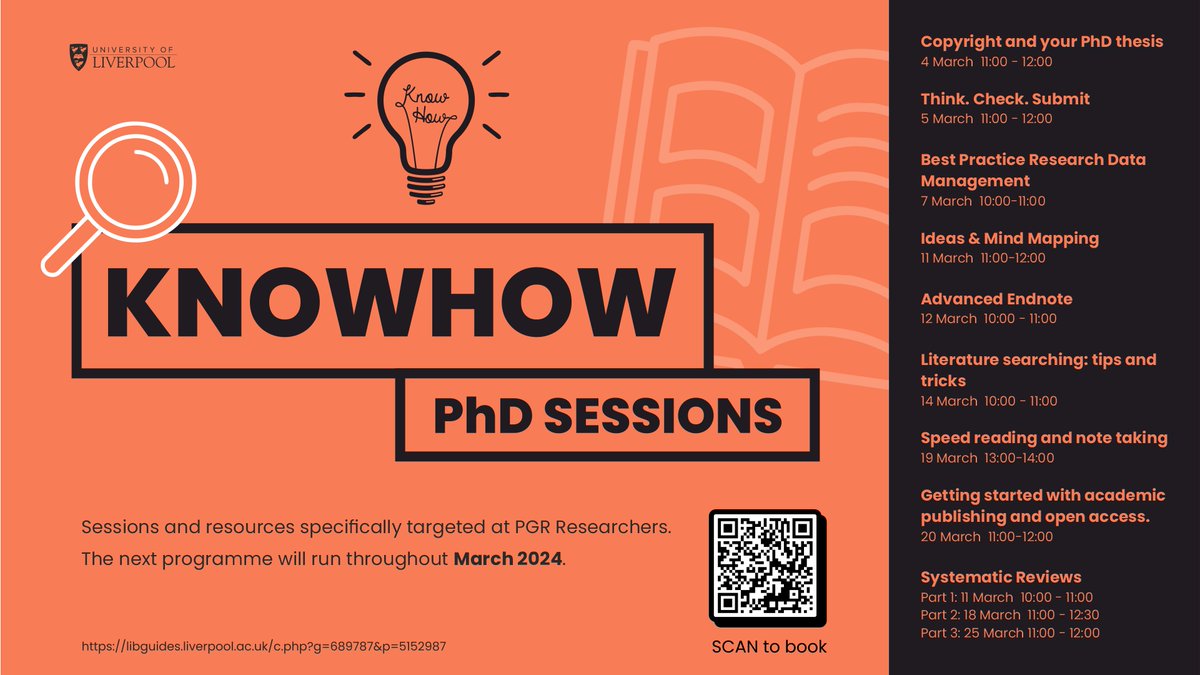 📢 PGRs - be sure to book onto our tailored KnowHow PhD sessions to enhance your skills and support your PGR journey. We have sessions on academic publishing, research data management, systematic reviews and more! Secure your spot: bit.ly/KnowHow_PhD