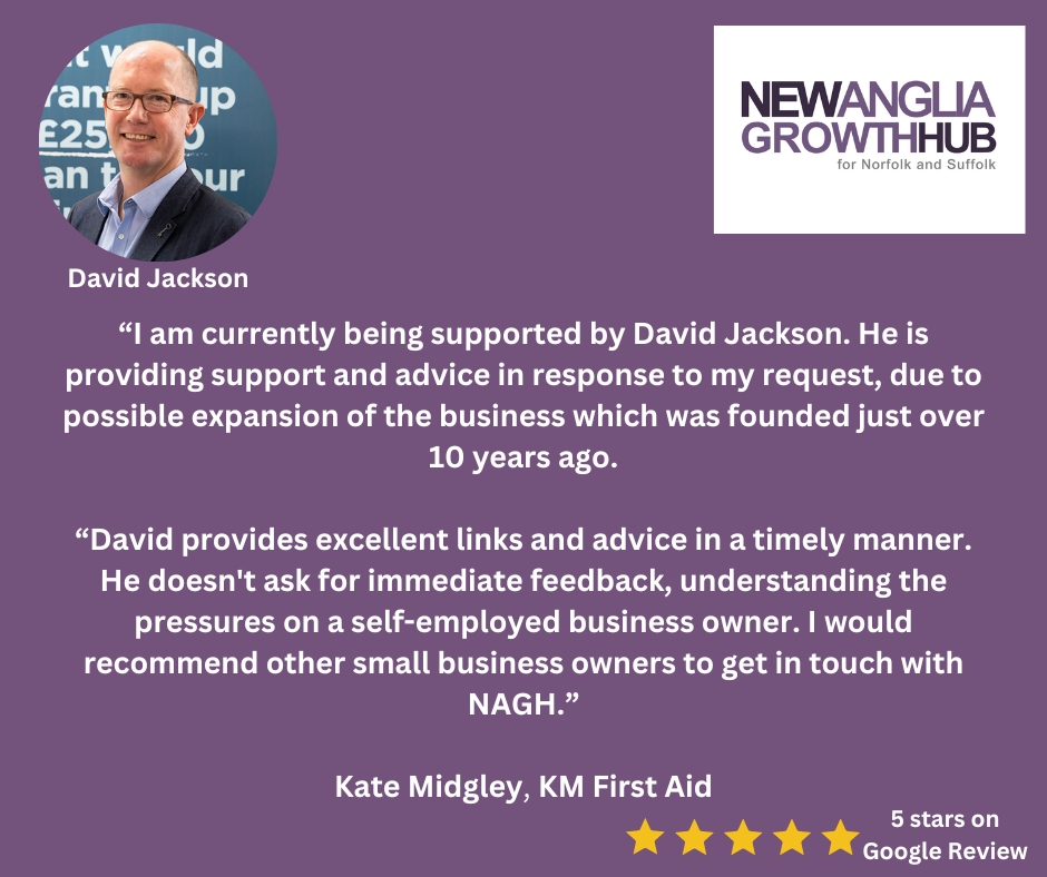 💫 5-star client review! Thank you, Kate Midgley from KM First Aid for your top rating for the Norfolk team and your endorsement! 
Also need business support?📲Contact us on 0300 333 6536 or fill in the form. #norfolk #BusinessGrowth  
newangliagrowthhub.co.uk/contact-us/