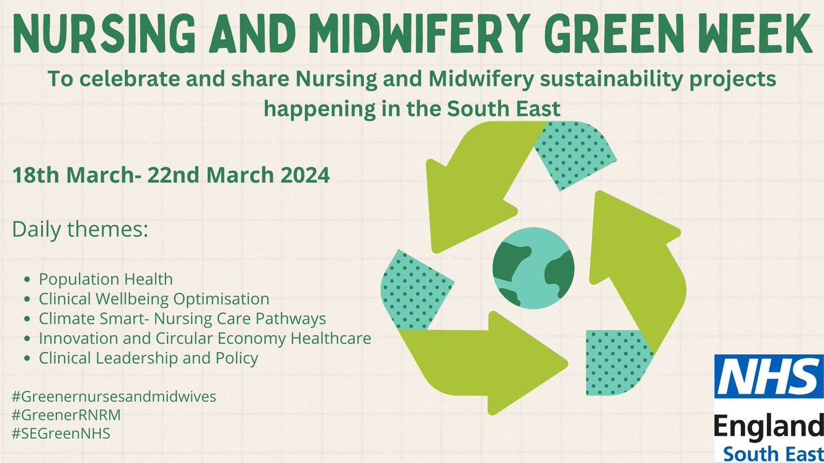 📣The first 'Nursing and Midwifery Green Week' is just round the corner: 18 March - 22 March '24! 🙌🏼 Join us & find out more on this hugely important topic, register here: forms.office.com/e/W3reFvckQa?o…… #SEGreenNHS #GreenerNursesandMidwives #GreenerNHS @NHSsoutheast @andrealewisRRC