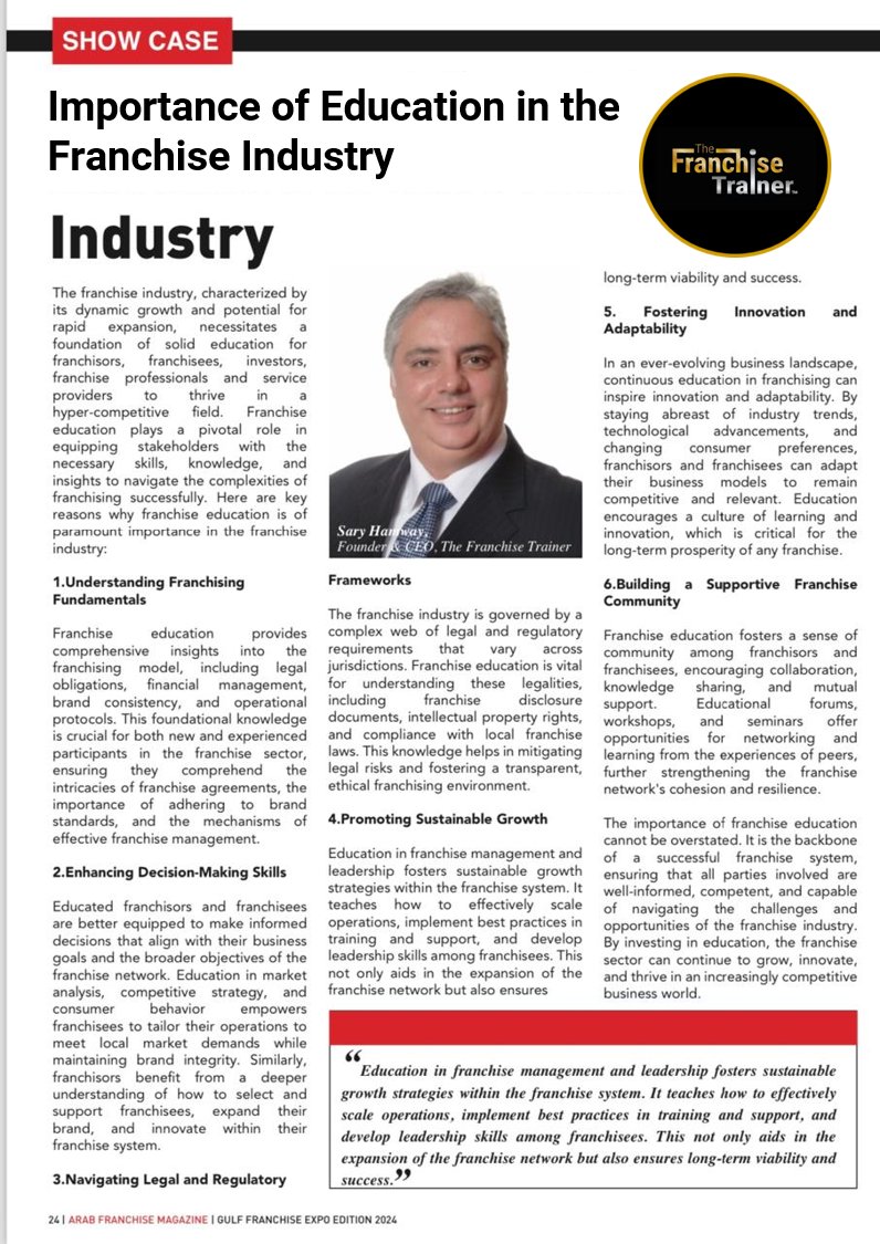 I’m pleased to share with you my article on “The Importance of Education in the Franchise Industry”. 
#arabfranchisemagazine #gulffranchiseexpo #GFE2024 #franchisesystems #franchisetrade FranchiseTraining #Franchiseverband #franchiseworkshop #franchiseyourbusiness  #franchising