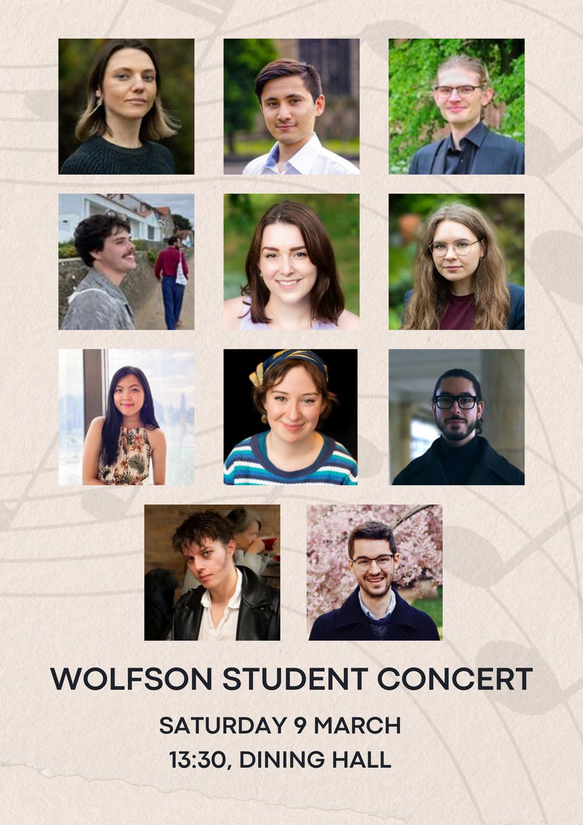 We're lucky to have many accomplished student musicians here at Wolfson 🎼 Enjoy folksongs, songs of protest, opera arias, piano solos, and songs from musicals at our Saturday lunchtime concert! 🗓️ Sat 9 Mar at 13.30 📍 Wolfson Dining Hall More info 👇 wolfson.cam.ac.uk/about/events/l…