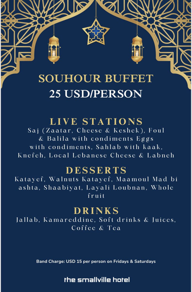 'Discover the magic of suhoor at The Secret Garden! Indulge in our everyday open buffet for $25 at Smallville Hotel. unwind with Shisha, and savor endless coffee all night long. Reserve your spot now at 78980457 or 70995552.
#TheSecretGarden 
#RamadanMubarak