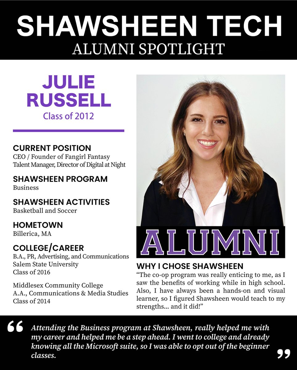 ALUMNI SPOTLIGHT 🌟: Shoutout to Julie Russell, our March @svthsaa_alumni feature! Julie graduated in 2012 from  #businesstech & is now an established #entreprenuer. Check out her bio! #WeAreShawsheen @shawsheenstore

#ShawTechAlum please connect with us: forms.office.com/r/AVm78237QB