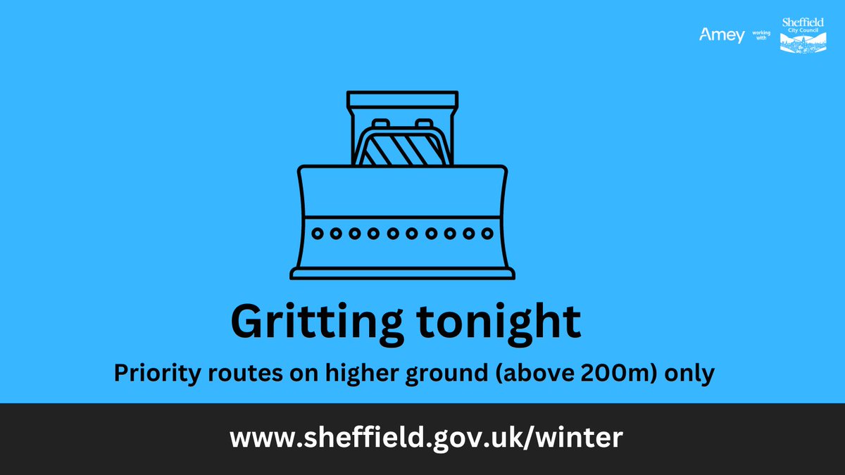 With temperatures forecast to be close to zero overnight on higher ground, our gritting teams will be going out from 7pm this evening to grit all #Sheffield priority gritting routes above 200m. Don't forget to check our #winter info on our website, sheffield.gov.uk/roads-pavement… #sygrit